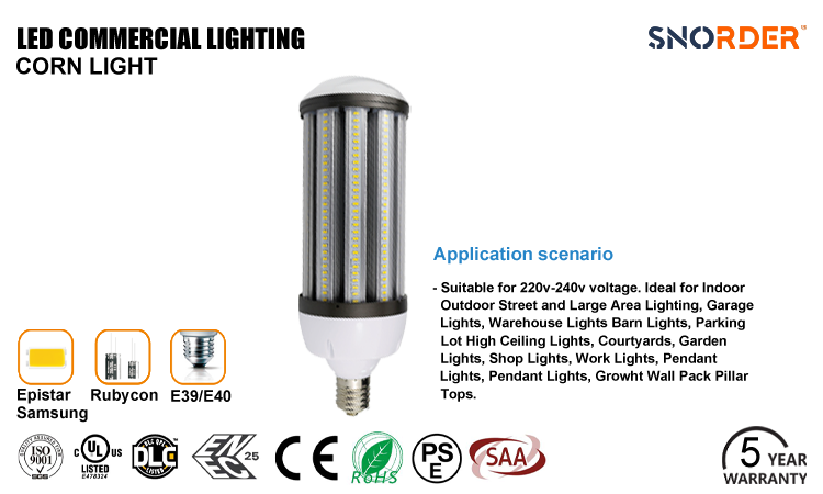 1. CE ROHS PSE SAA ENEC DLC certification, 5-year warranty of LED modern corn lamp made in China, wattage 15W 21W 27W 36W 45W 54W 80W 100W 120W optional, 2700K-6500K