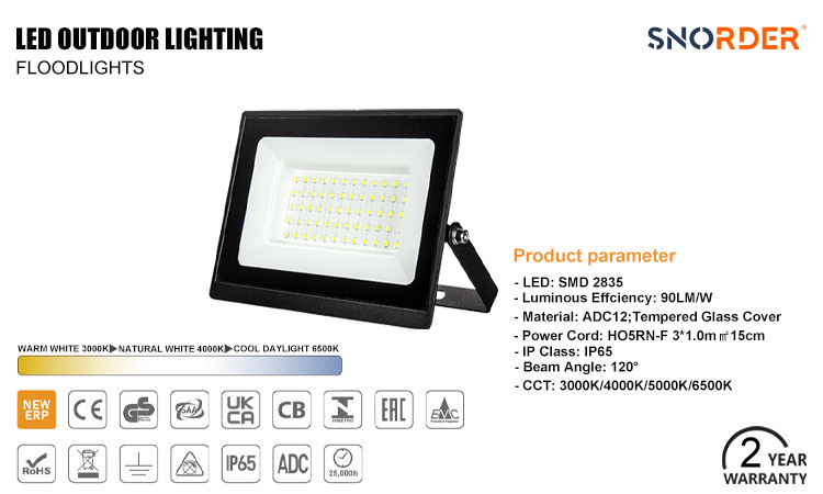 1. 2-year warranty LED floodlight made in China, IP65 waterproof and dustproof 3000K 4000K 5000K 6500K optional, voltage AC220-240V, beam angle 120 degrees, 10W 20W 30W 50W 70W 1