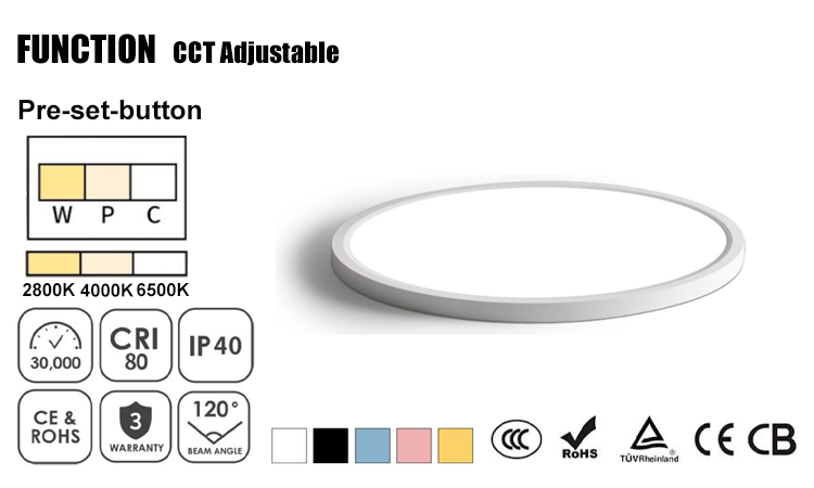 9. CCT adjustable LED ceiling lamp, IP40 indoor lighting, 2800K-4000K-6000K, best selling modern high-efficiency ceiling lamp, certified by CE CB ROHS, 220VAC