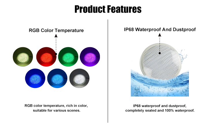 2. RGB colors can be selected, IP68 is waterproof and dustproof, modern LED swimming pool lights made in China, decorative lighting, waterproof lighting, outdoor lighting, modern lighting, 18W and 35W can b