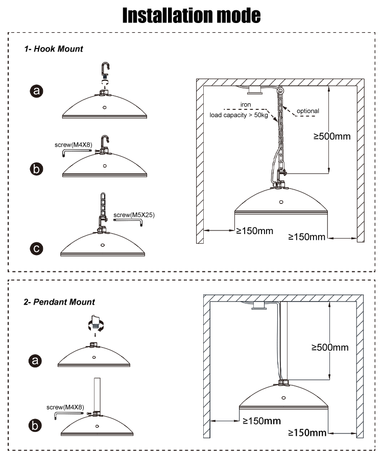 4. Schematic diagram of product installation, hook installation and hanging installation. LED modern food-grade mining lamp, 100W 120W 150W optional, 400K500K5700K optional, 5-ye