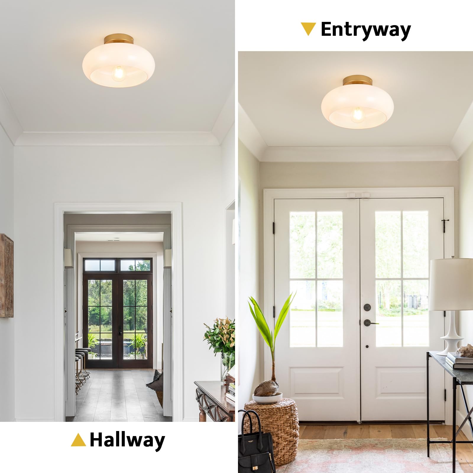  Mid-Century Modern Gold Semi Flush Mount Ceiling Light, Kitchen Ceiling Light Fixture with Glass Shade, Vintage White Close to Ceiling Lamp for Entryway Hallway Bathroom 