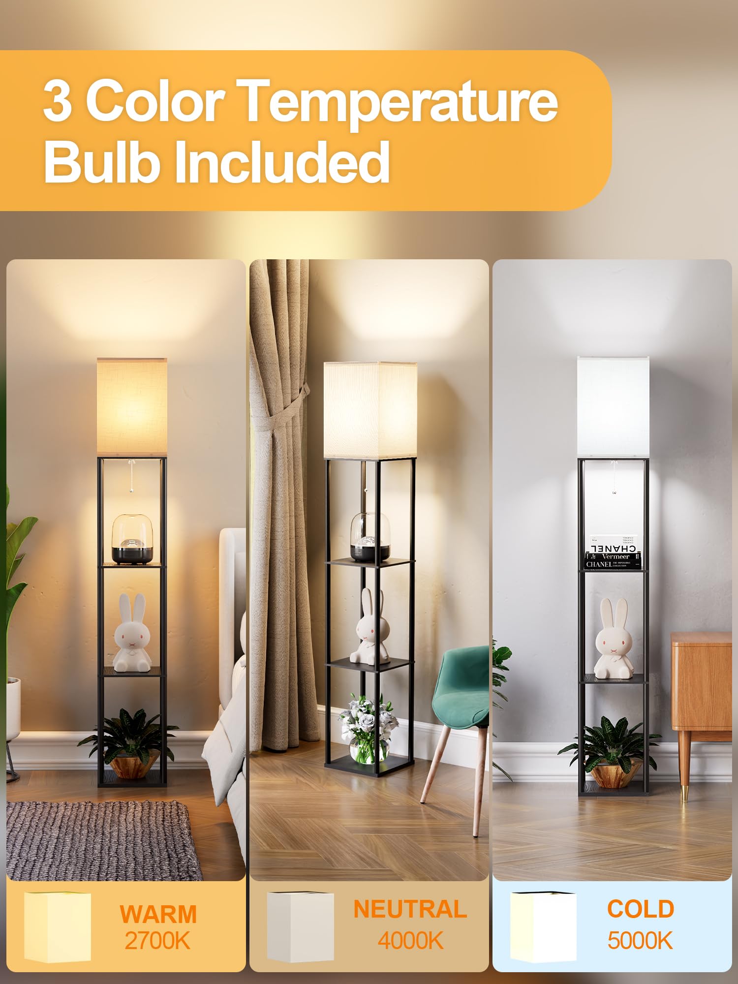 Floor Lamp with Shelves for Living Room, Shelf Floor Lamp with 3 CCT LED Bulb, Corner Display Standing Column Lamp Organizer Tower Nightstand with White Linen Shade for Bedroom, Office 