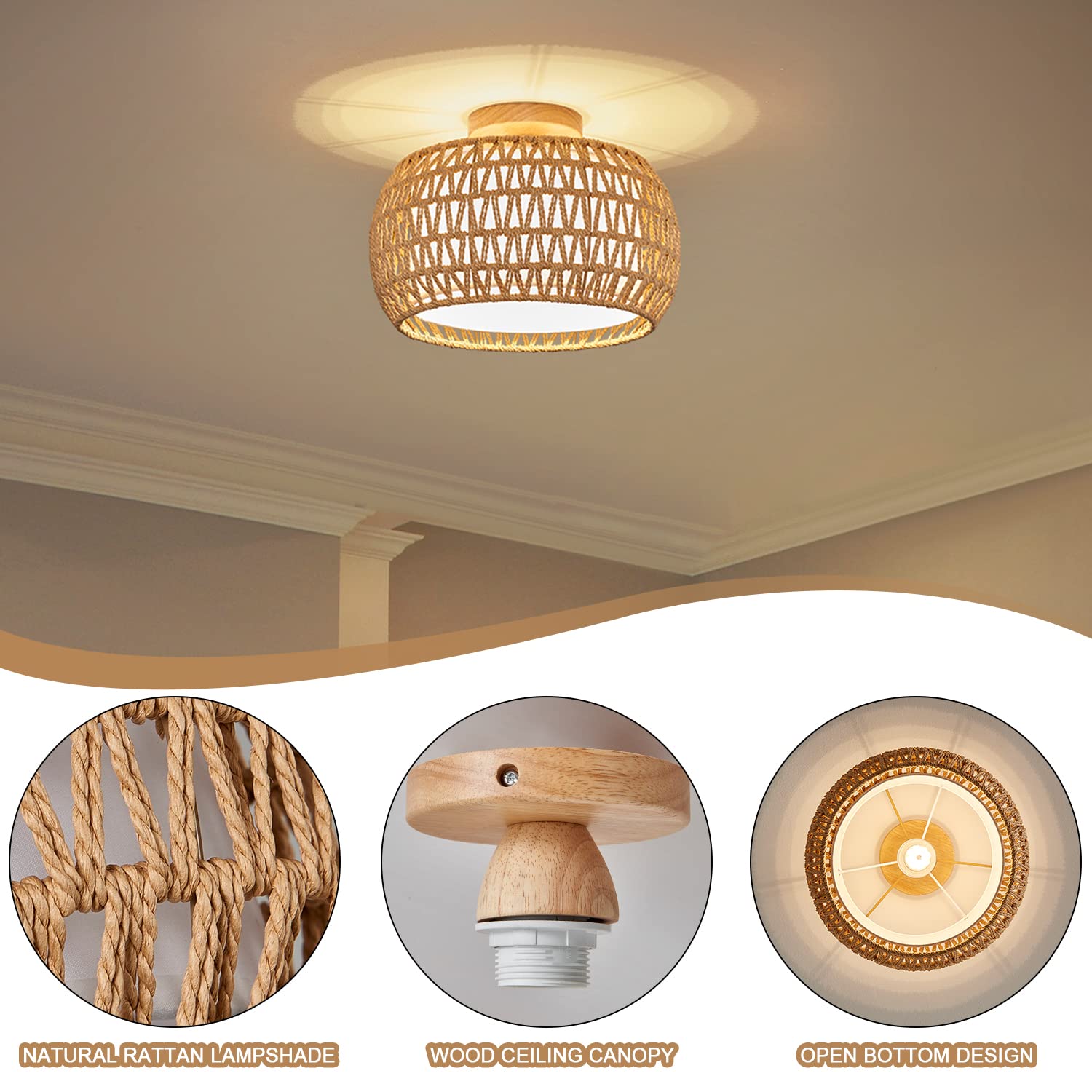 Rattan Ceiling Light Fixtures, Hand-woven Boho Flush Mount Ceiling Light, Handmade Rattan Light Fixtures Ceiling Mount with Fabric Shade, Farmhouse Light Fixture for Bedroom Hallway Entryway
