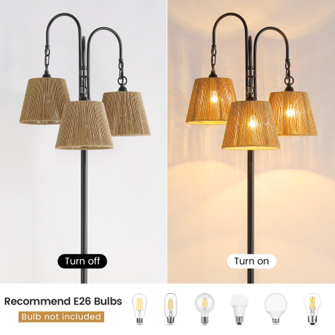 Rattan Floor Lamp, 68in. Boho Floor Lamps with Natural Shade, 3-Light Tree Lamp for Coastal, Beach or Bohemian Style Decor, E26 Socket, On/Off Footswitch Lamp for Living room, Bedroom (Bohemian-Black)