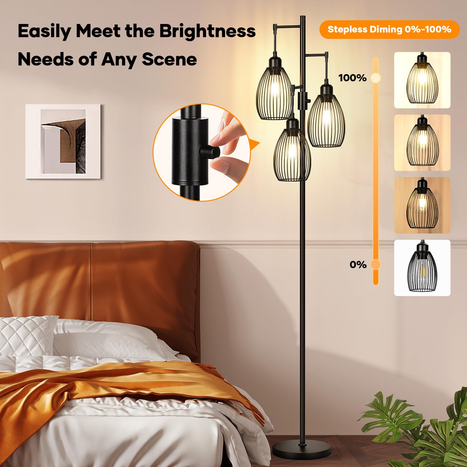 Dimmable Floor Lamp,Farmhouse Industrial Floor Lamp Standing Tree Lamp with Elegant Teardrop Cage Tall Lamps for Living Room Bedroom Office Dining Room 