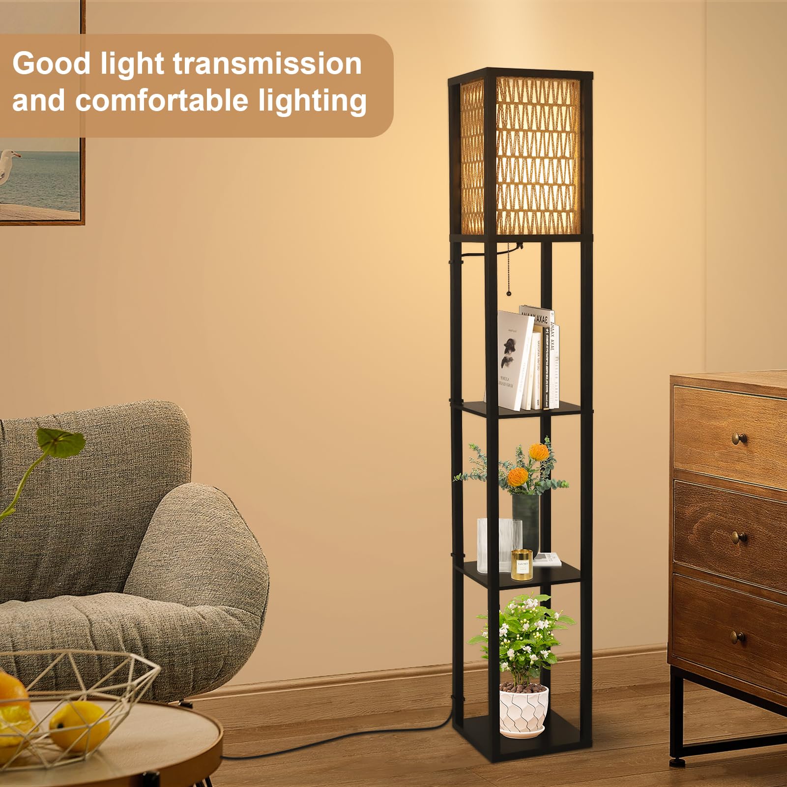 Floor Lamp with Shelves, Corner Floor Lamps for Living Room, Boho Floor Lamp with LED Bulb & Double Shades, Rattan Standing Lamp for Bedroom Office, Shelf Tall Lamp for Storage Display, Home Decor 