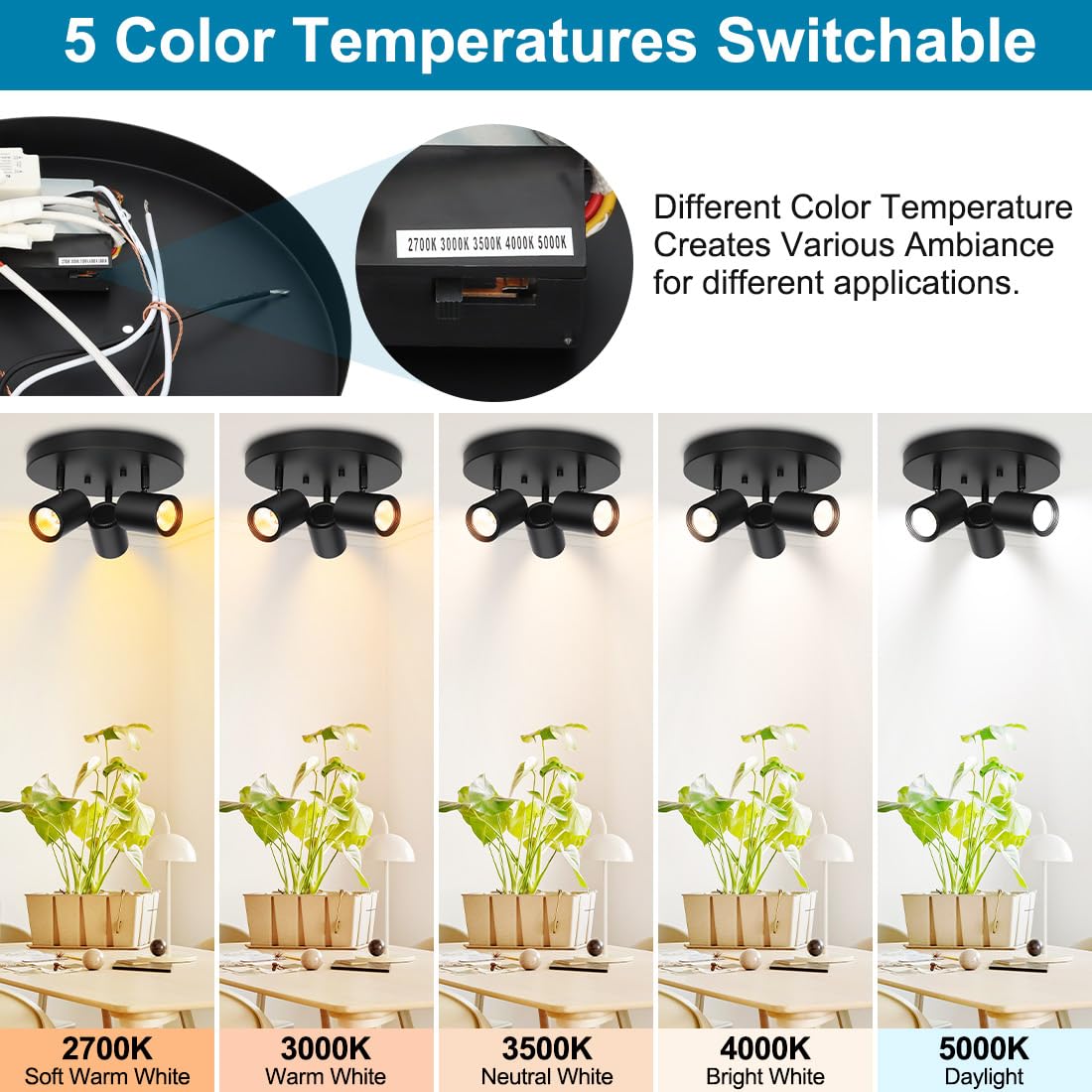 5CCT 3-Light Multi Directional LED Track Light, 3 Head Semi Flush Mount Ceiling Light, 2700/3000/3500/4000/5000K Selectable, 15W Dimmable Black LED Ceiling Spotlight for Kitchen, Hallway