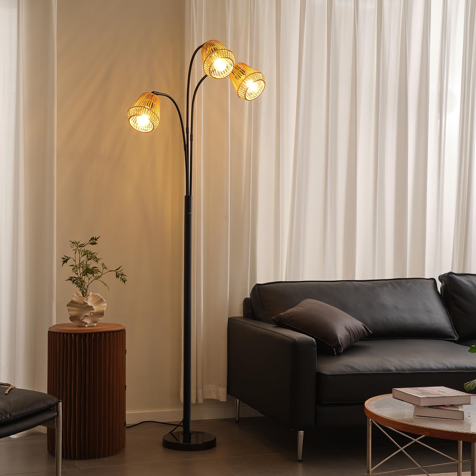 Rattan Floor Lamp for Living Room, 72 Inch Tall Boho Floor Lamp with Rotary Switch, 3-Lights Arched Lamp with Wicker Shade for Coastal,Bohemian,Mid Century Modern ,Farmhouse