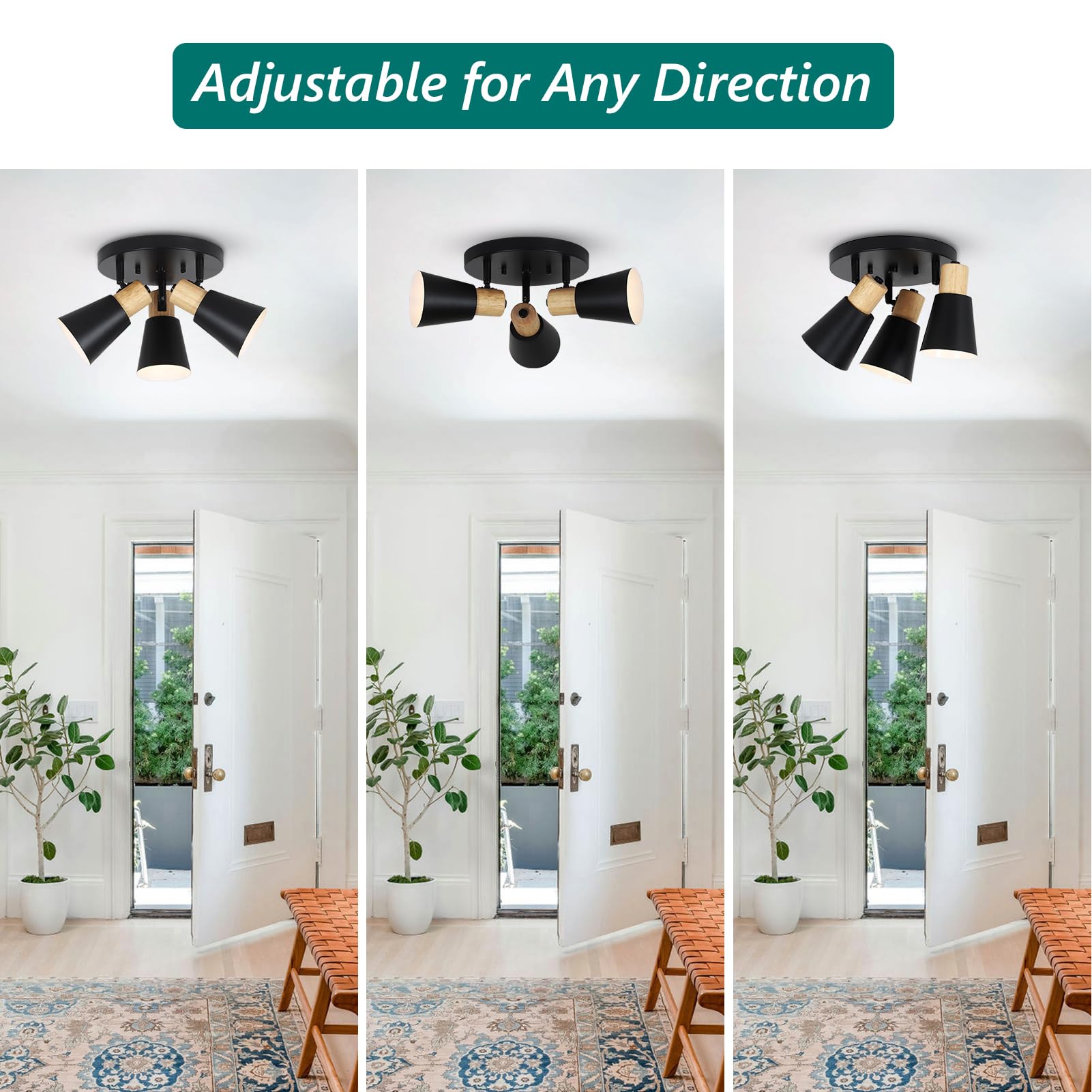 Industrial Flush Mount Ceiling Light Fixture, 3-Lights Multi-Directional Rotating Ceiling Lamp, Metal Black Kitchen Light Fixtures Ceiling Mount, Vintage Bedroom Ceiling Lights