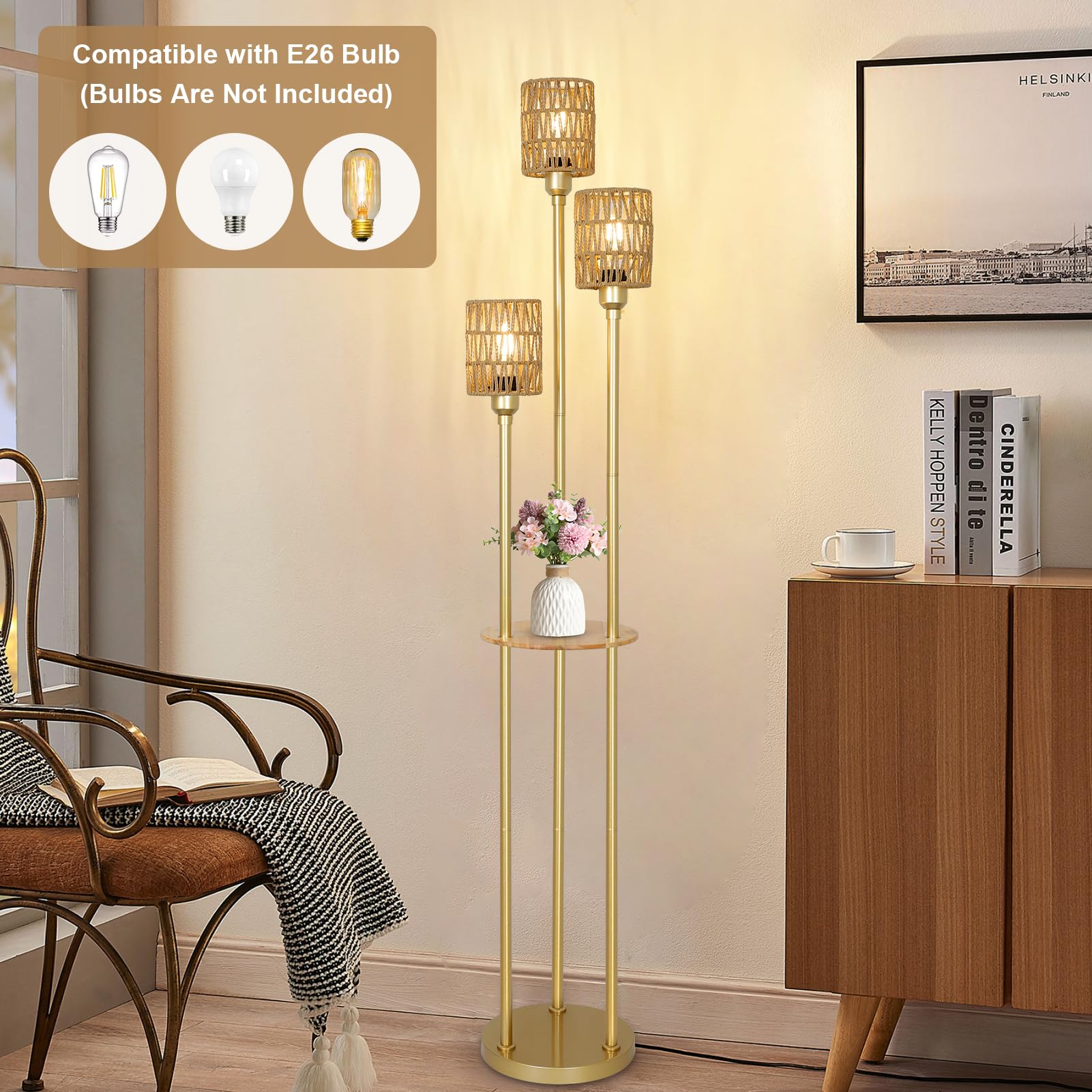 Boho Floor Lamp with Shelves, 3-Lights Farmhouse Tall Floor Lamp with ON/Off Foot Switch, Gold Modern Floor Lamps with Rattan Shades, Rustic Standing Lamp for Living Room, Bedroom, Office 