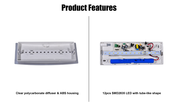 2. Transparent polycarbonate diffuser and ABS shell, 12 SMD2835 LED, tubular shape. Modern LED emergency light 0.7W 220-240V