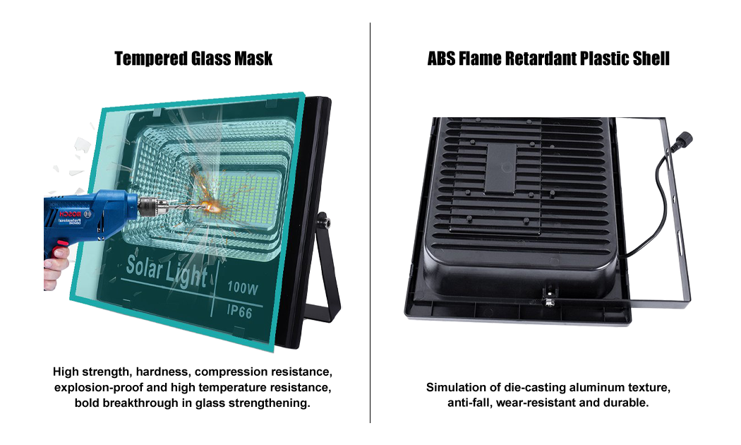 4. Toughened glass ABS lamp shell LED solar floodlight 25W40W60W100W300W solar floodlight can be selected