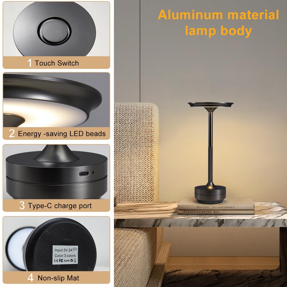 LED Cordless Table Lamps, Portable Rechargeable 5000mAh Outdoor Lighting, 3 Color Stepless Dimming Battery Powered Bedside Table Lamp,wireless Lamp For Bedroom/Living room/Camping/patio
