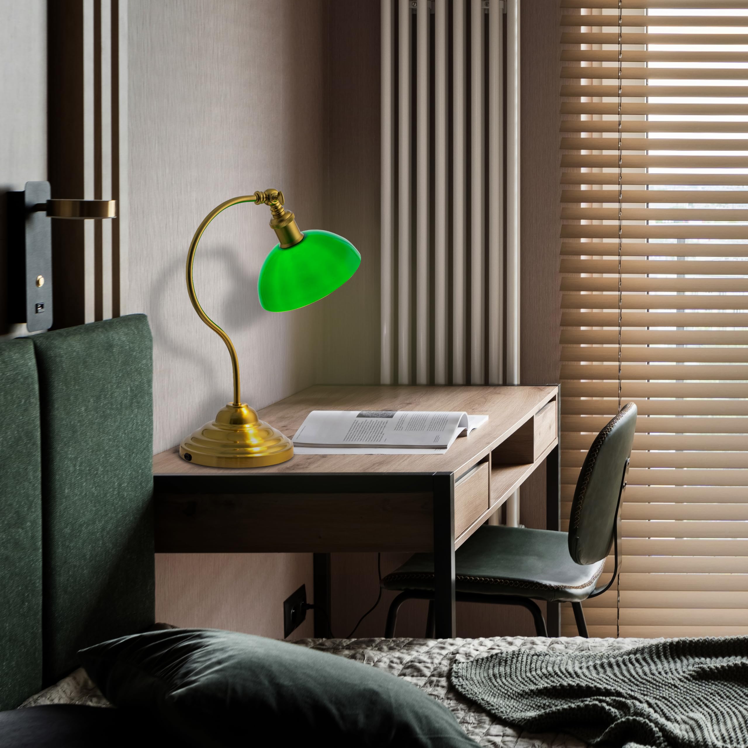 Cordless LED Table Lamp, Battery-Operated, Rechargeable, 3-Level Dimming, Universal USB-C Charging, 180° Swivel Head, Classic Glass Shade, Antique Brass 