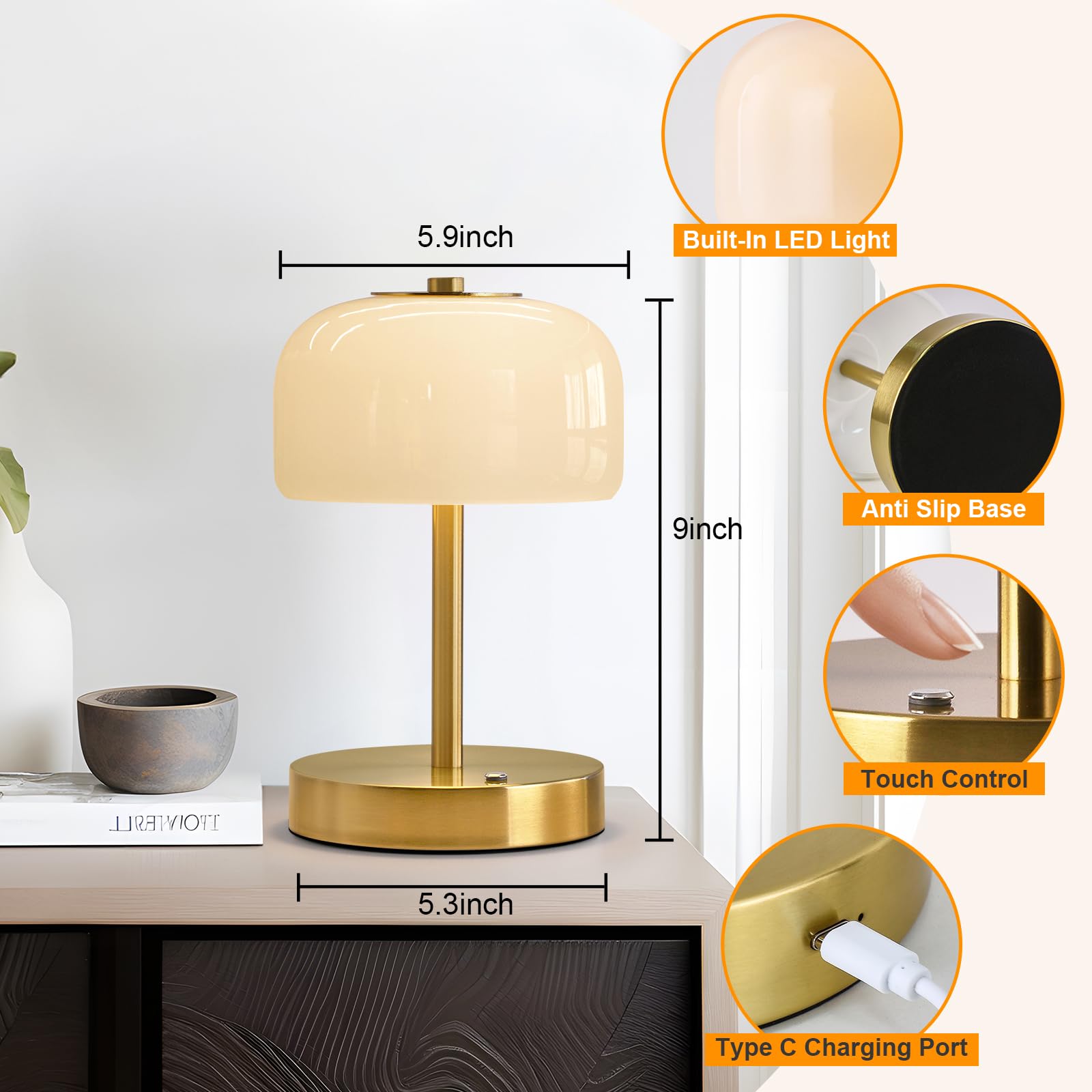 Cordless Table Lamp Rechargeable Battery Operated Mushroom lamp Opal Glass Shade 3 Way Dimmable LED Touch Outdoor Lamp for Camping Bedroom Dining Living Room Beside Patio Restaurant,Black 
