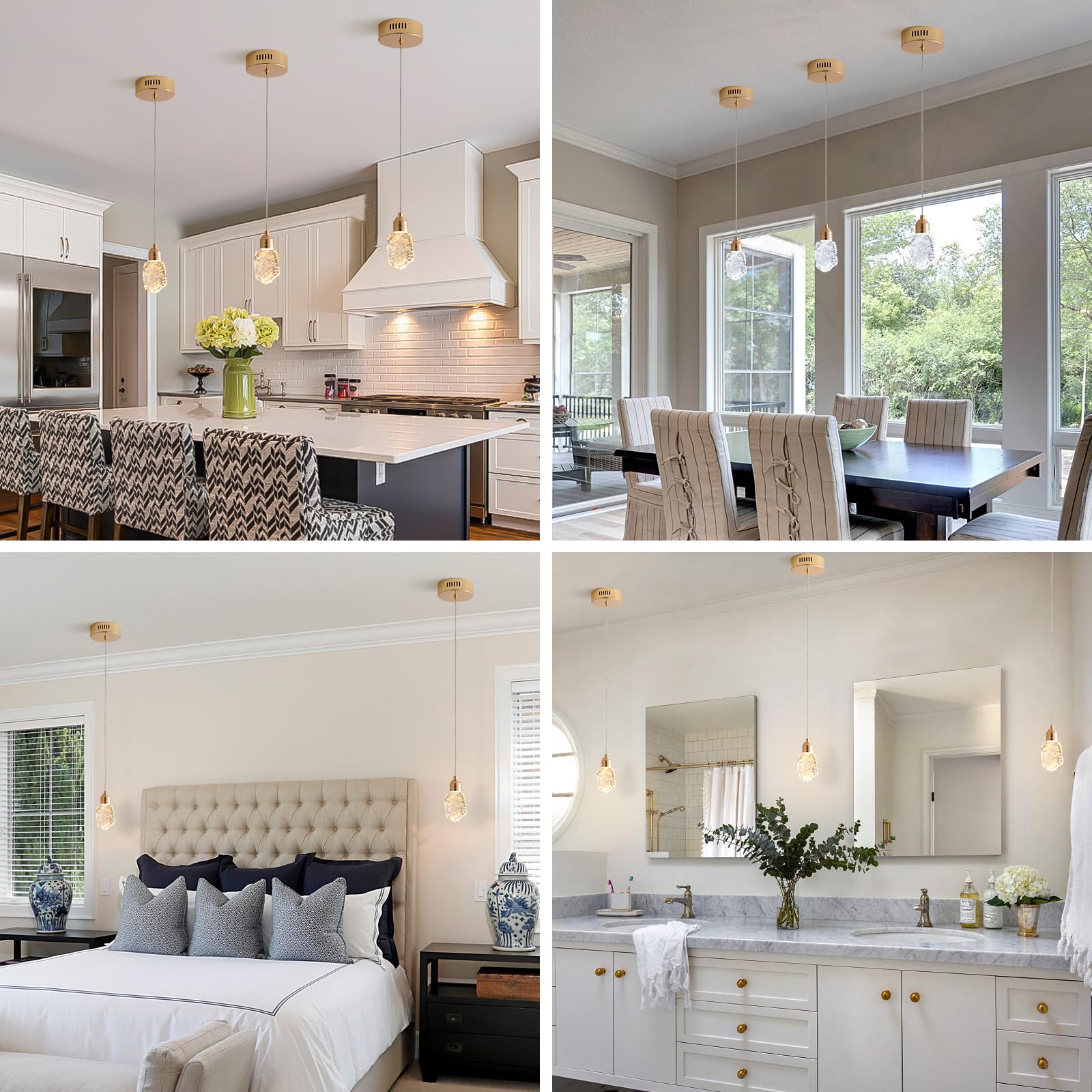 Modern Gold Pendant Light Fixtures, Crystal Pendant Lights with 3-Color, Pendant Lights for Kitchen Island, Restaurants, Dining Room, Bedrooms 
