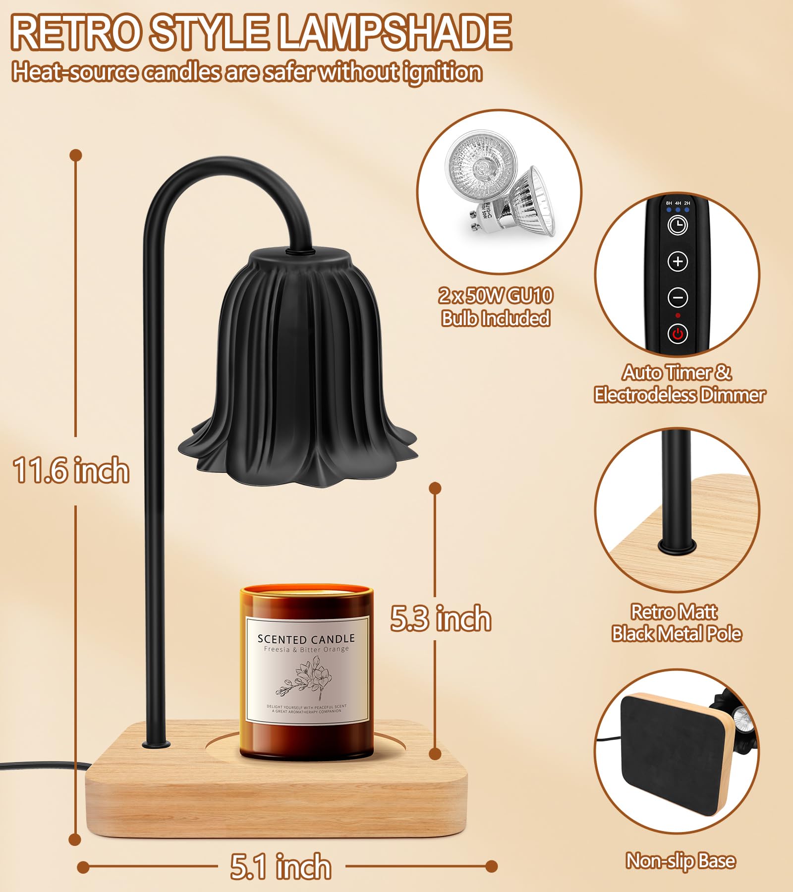 Candle Warmer Lamp, Dimmable Candle Warmer with 2 Bulbs, 2H/4H/8H Timer Candle Lamp Heater for Home Scented Large Small Jar Candles (Black) (Black Flower) 