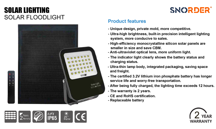 1. 2-year warranty, LED aluminum solar floodlight made in China, 50W 100W 200W 300W optional, IP65 waterproof and dustproof lumens 600lm 1200lm 2200lm 3300lm optional