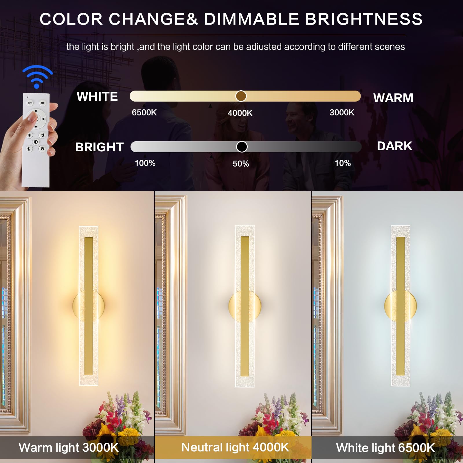 LED Wall Scone Lighting 22.8in, Modern Wall Lamps with Remote Control Dimmable Color Temperature, Acrylic LED Wall Light Vanity Light for Living Room Hallway Bathroom Bedroom Stairs 