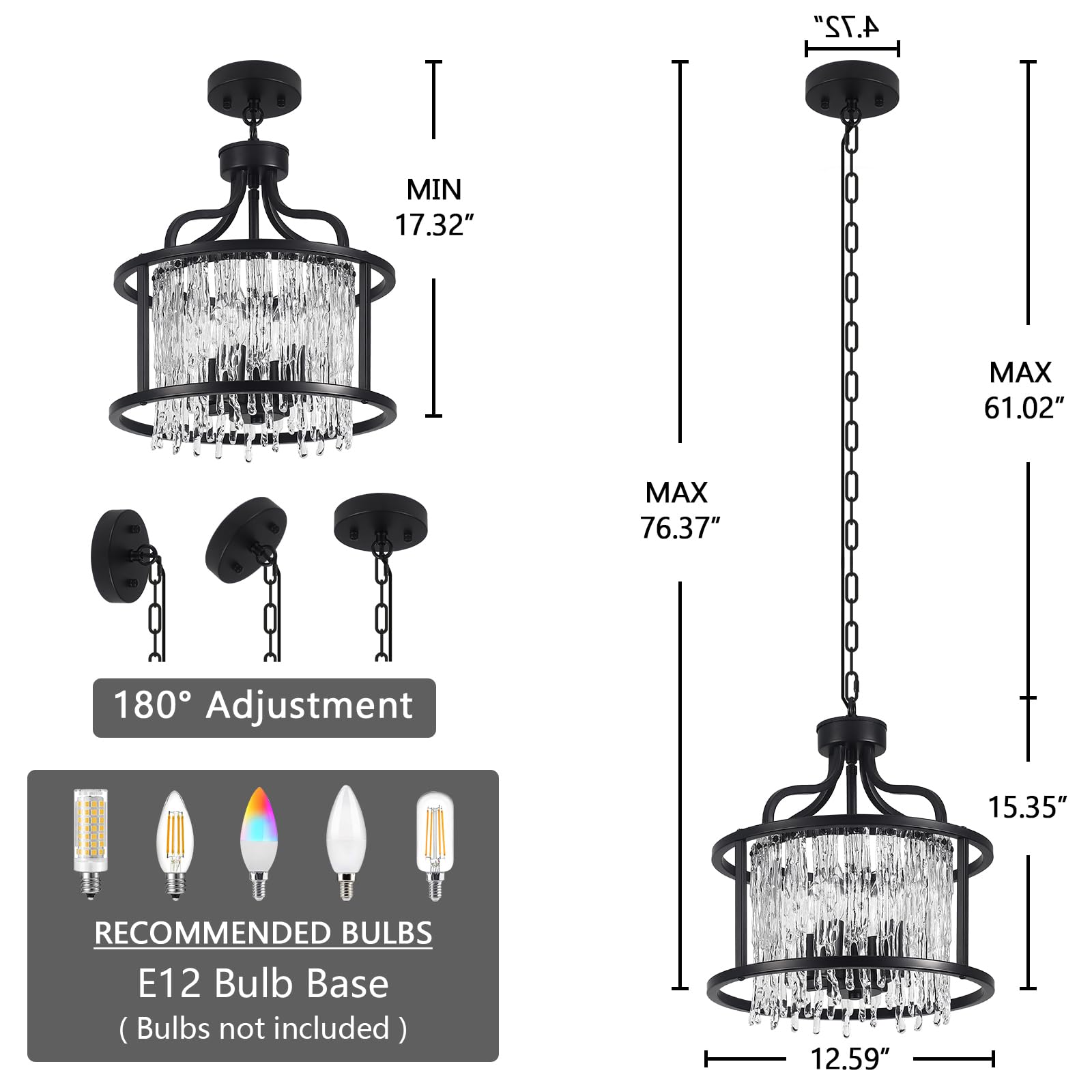 Crystal Chandelier 4Lights, Small Black and Crystal Pendant Light Fixture 12.59Inches, Modern Hanging Lighting Crystal Mini Chandeliers Gorgeous for Hallway Entryway Bedroom E12 