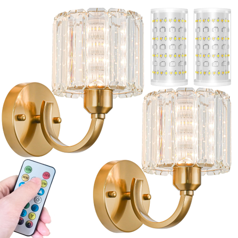 Wall Sconces Battery Operated Wall Lights Set Of Two, Wireless Rechargeable Wall Sconces With 10000mAh RGB Light Bulb, Crystal Wall Sconce With Remote Control For Bedroom