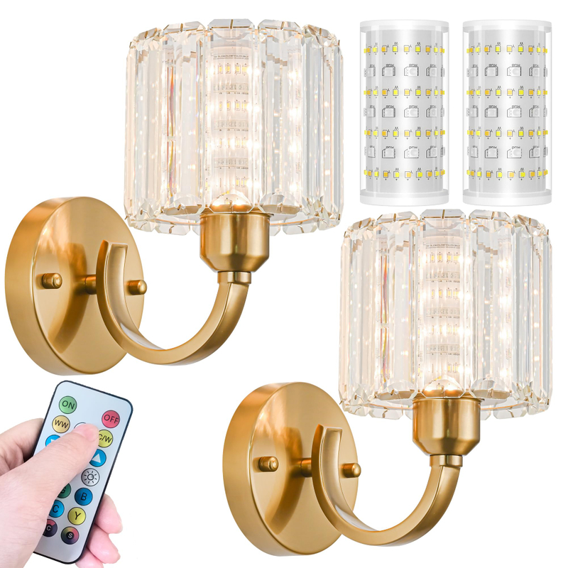 Wall Sconces Battery Operated Wall Lights Set Of Two, Wireless Rechargeable Wall Sconces With 10000mAh RGB Light Bulb, Crystal Wall Sconce With Remote Control For Bedroom