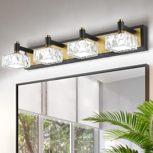 4 Light Bathroom Vanity Light, LED 24W Bathroom Lighting Fixtures Over Mirror, Gold Black Bathroom Light Fixture, Wall Sconce Light with Crystal Shade, Bathroom Wall Light Fixtures, Day Light 