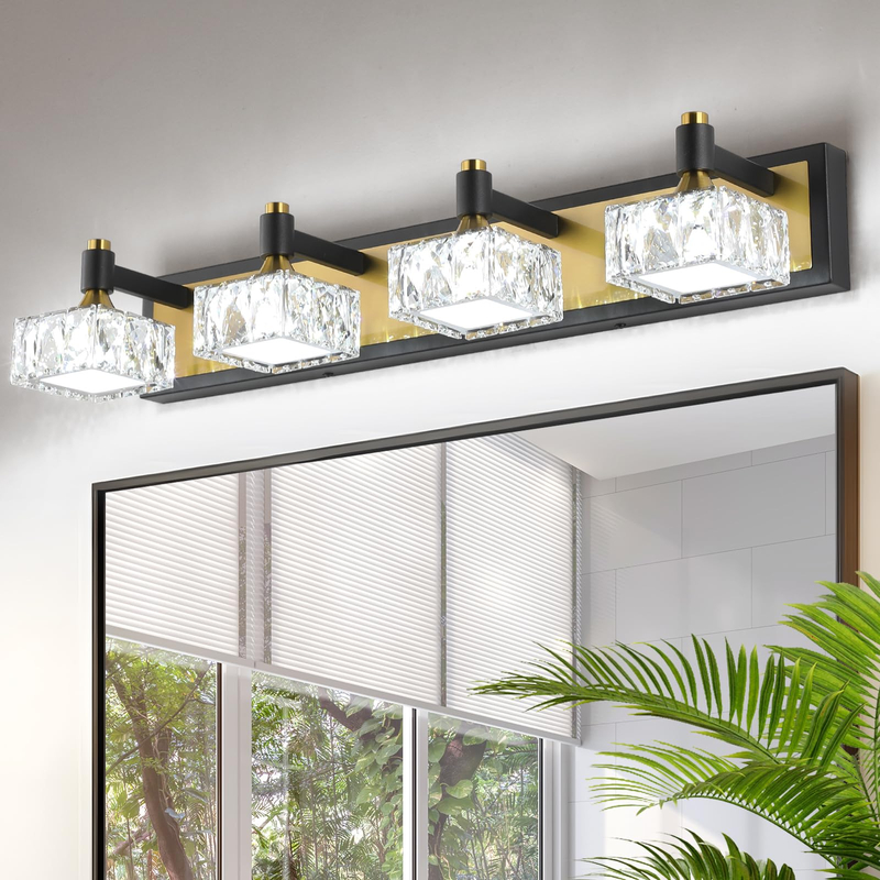 4 Light Bathroom Vanity Light, LED 24W Bathroom Lighting Fixtures Over Mirror, Gold Black Bathroom Light Fixture, Wall Sconce Light with Crystal Shade, Bathroom Wall Light Fixtures, Day Light 