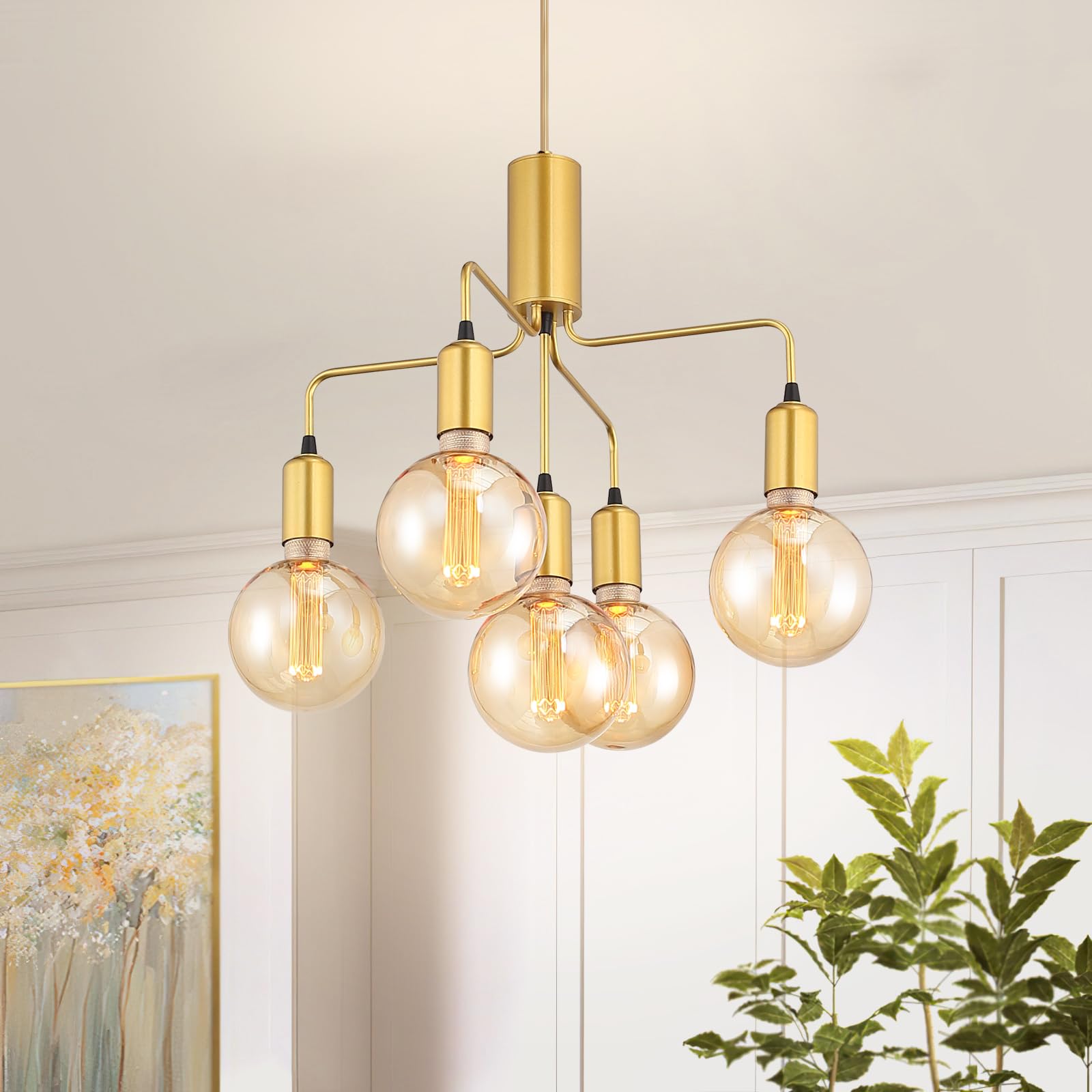 5-Lights Gold Chandelier Light Fixture Modern Metal Globe Pendant Light Sputnik Chandeliers Hanging Ceiling Light Fixture for Dining Room Living Room, Dining Room, Bedroom, Kitchen