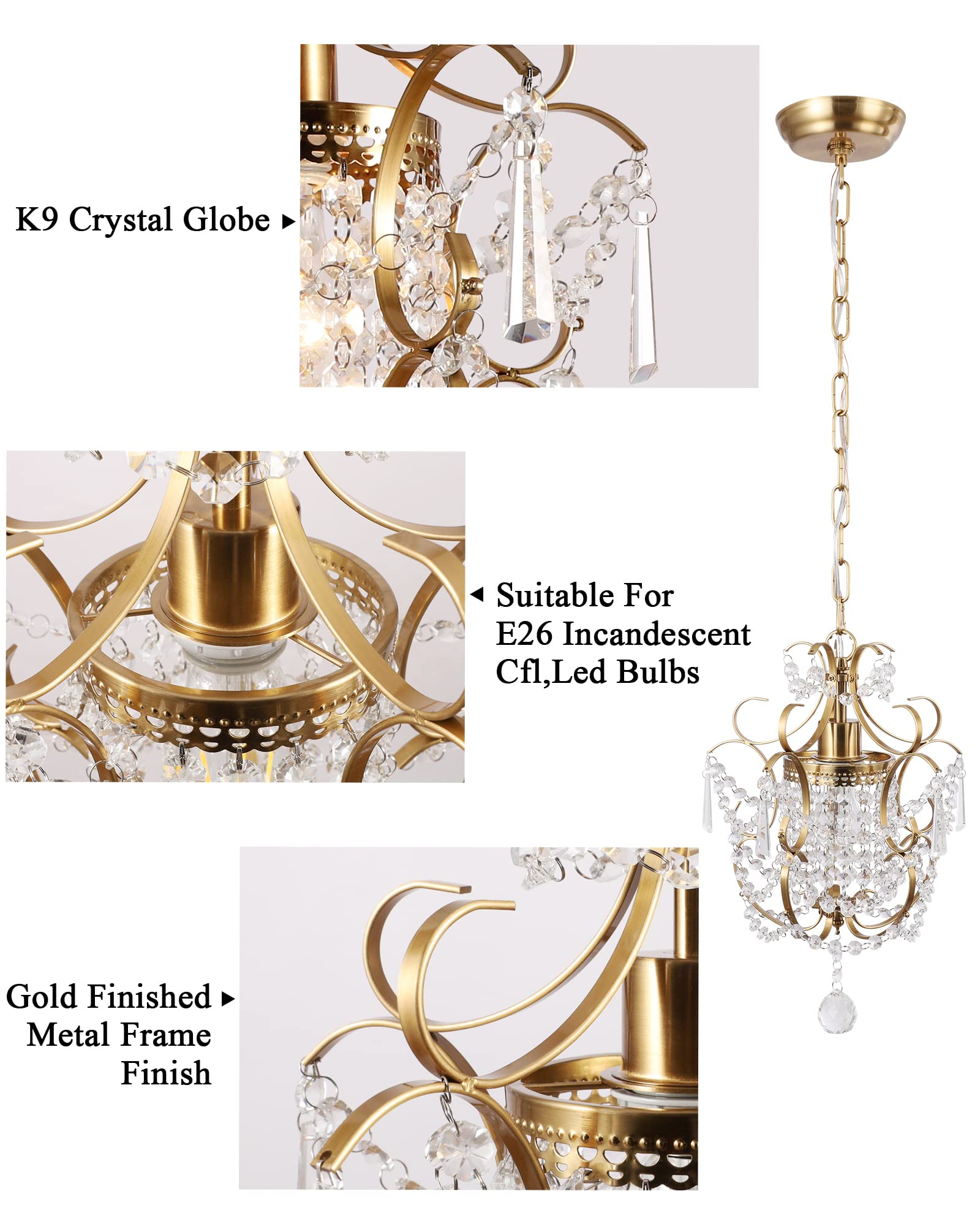 Small Crystal Chandelier, Mini Elegant Crystal Chandelier Light Fixture, 1-Light Pendant Light Fixture, Adjustable Hanging Lighting for Entryway, Bedroom, Girls Room, Kitchen Island