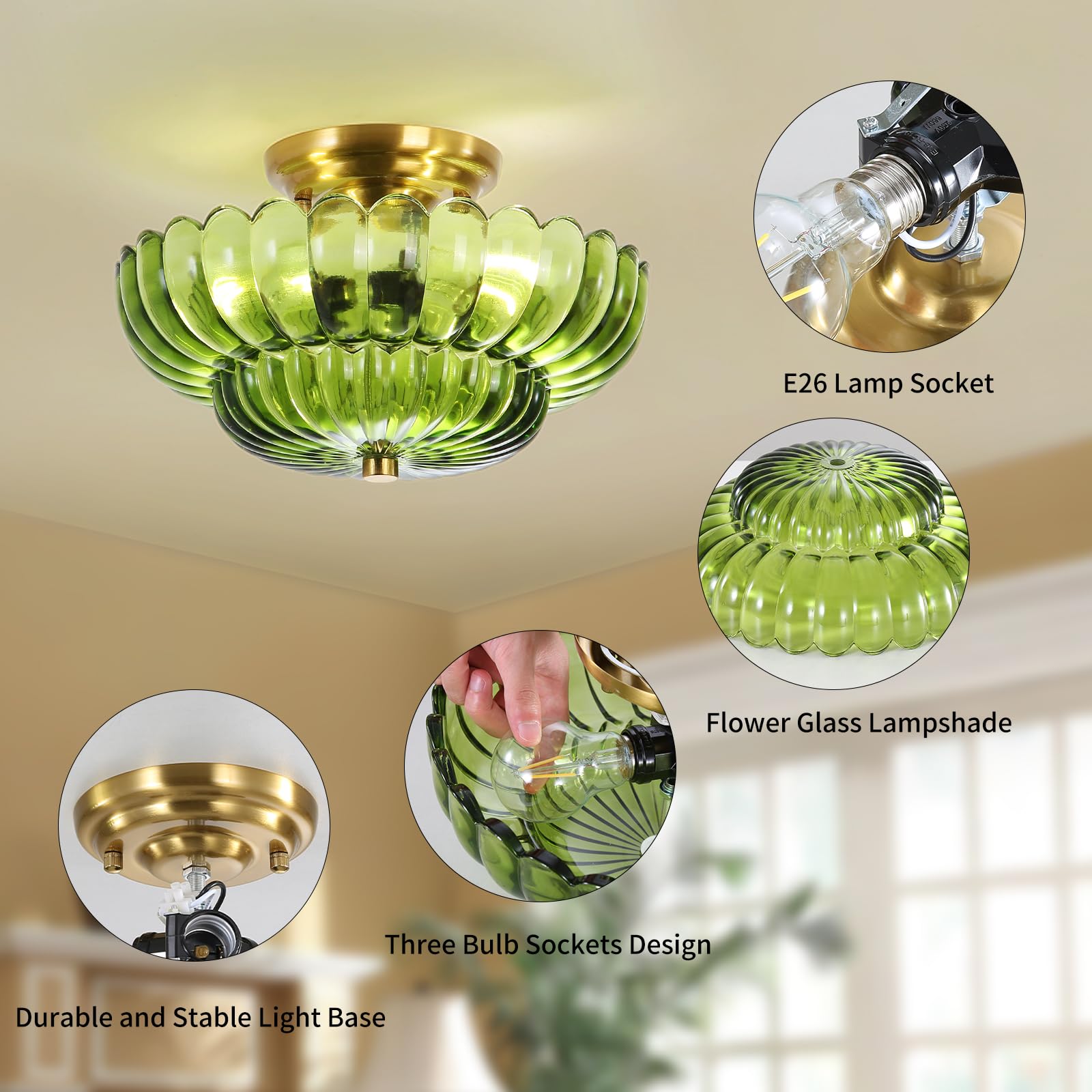 Ceiling Lights Flush Mount Ceiling Light Glass Ceiling Light Gold Base Modern Light Fixture for Hallway Living Room Kitchen Bedroom 3 Bulbs