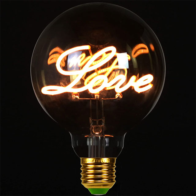 Love Edison Bulb, Vintage Globe Light Bulb, Decoration Love Light Amber Bulb E27 Base 4W(40W Equivalent)- G125 Filament Bulb 1800-2400K Warm White for Indoor & Outdoor
