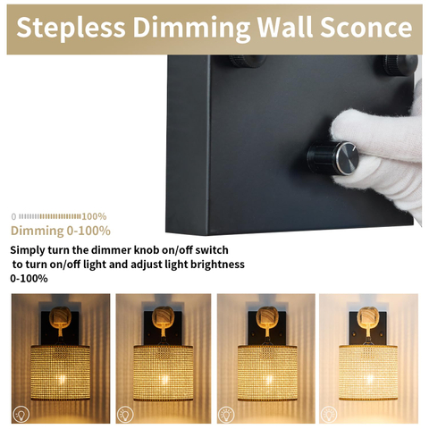 Rattan Boho Wall Sconces, Hardwired Hand-Woven Farmhouse Wall Lamps with Wooden Arm & On/Off Dimmable Switch,Rustic Indoor Wall Mount Light Fixtures for Bedroom Nursery Living Room Bathroom