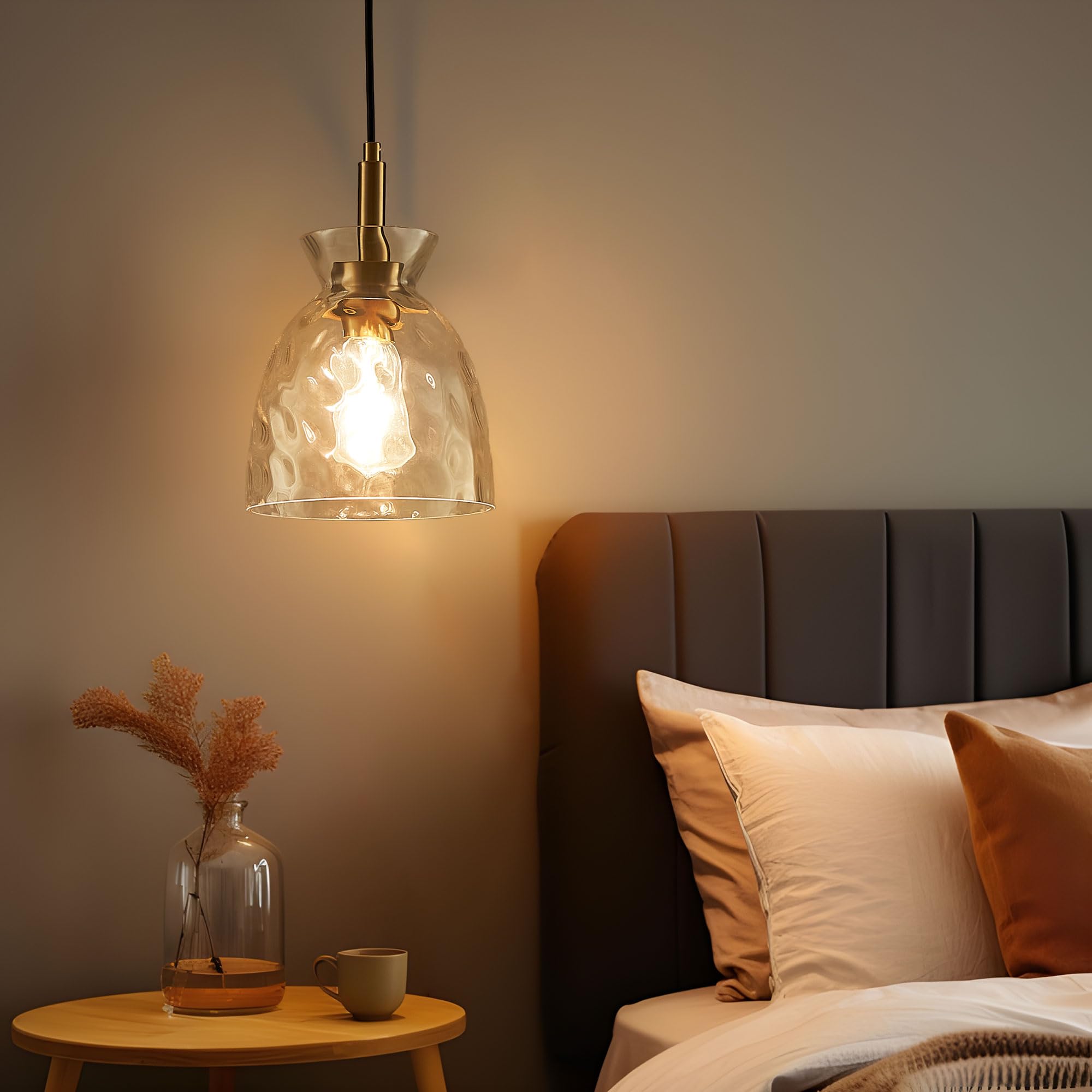 Glass Pendant Light for Kitchen Island,Industrial Pendant Lighting with Hammered Glass Shade,Modern Chandelier Hanging Ceiling Lighting for Dining Room Entryway,E26 Base,Gold 