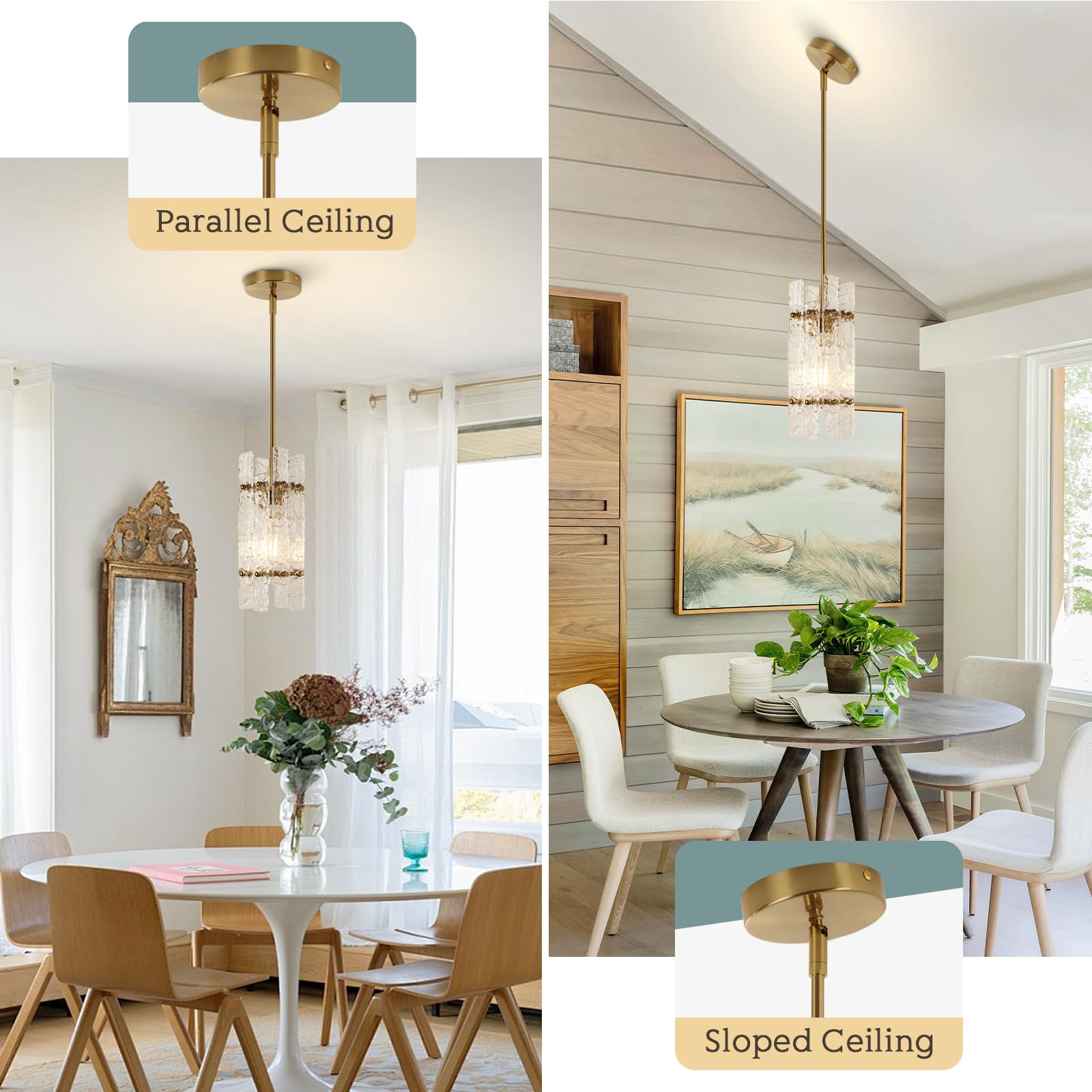 Modern Crystal Pendant Light for Kitchen Island, Gold Luxury Mini Water Ripple Glass Chandelier Lights Fixture, Modern square Adjustable Hanging Pendant Lighting for Dining Room Bedroom