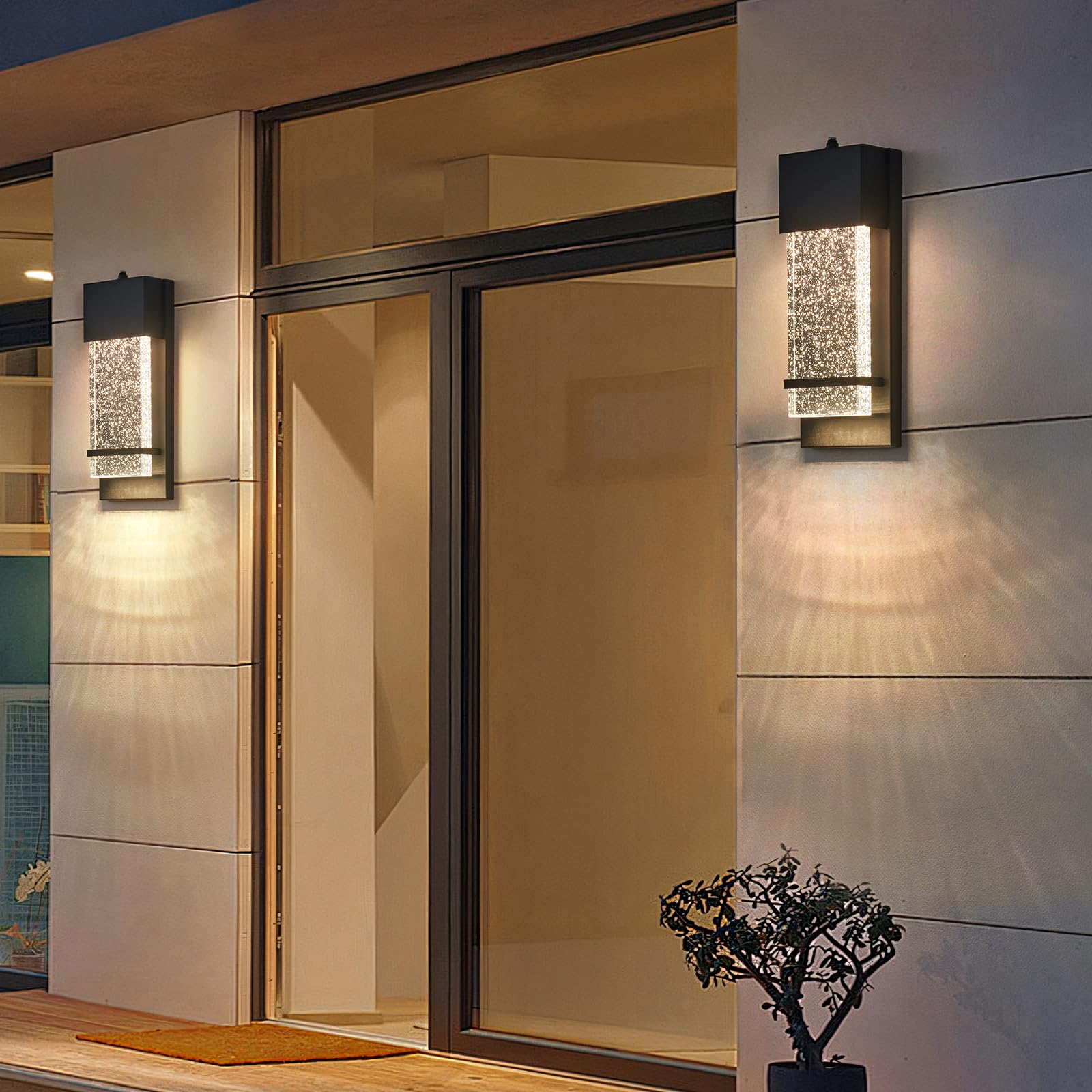  Dusk to Dawn Porch Lights, Modern Black Wall Sconce with Crystal Bubble LED, Outdoor Lighting Fixture