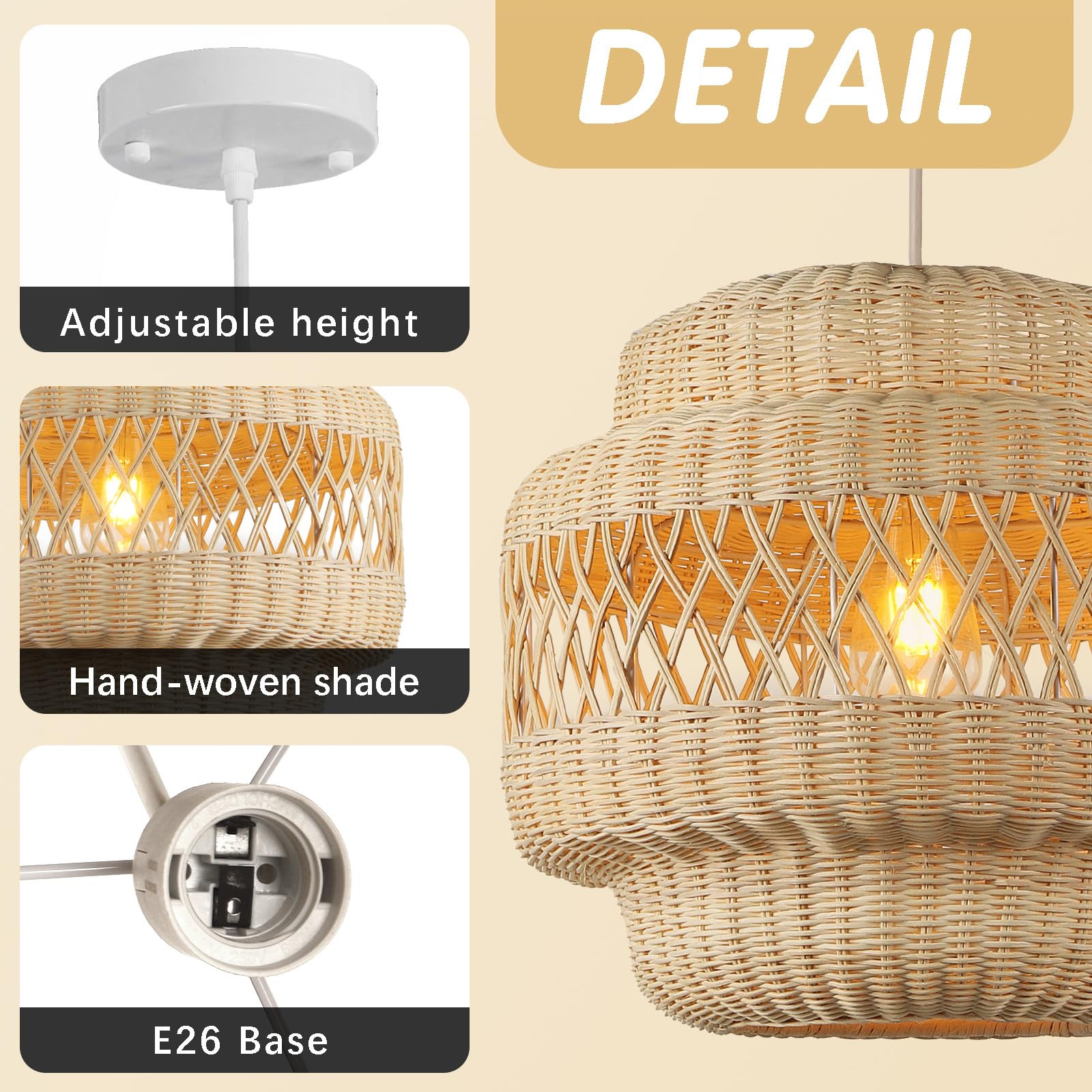 15.8" Rattan Pendant Light Kitchen Island, Boho Lights Fixture Wicker Dining Room Lighting Farmhouse Hand-Woven Chandeliers Weaving Hanging Ceiling Lighting for Restaurant Living Room Foyer 