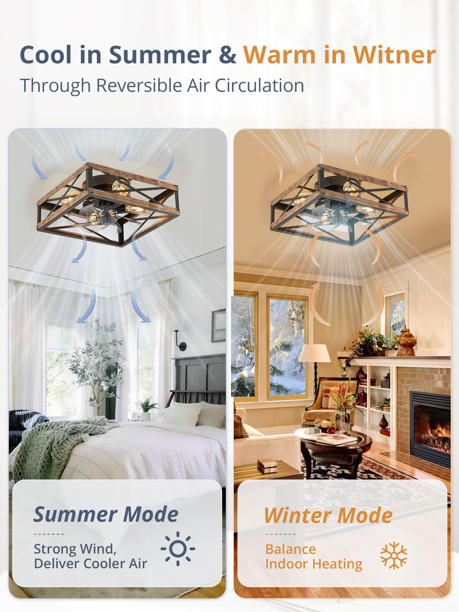 Caged Low Profile Ceiling Fans with Lights and Remote, Rustic Square Flush Mount Ceiling Fan, 6 Speed and Reversible, Small Farmhouse Bladeless Ceiling Fan for Bedroom, Kitchen, Dining Room 