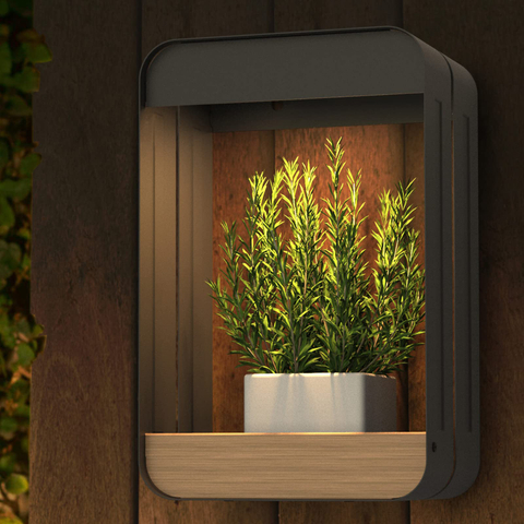 Grand Patio Outdoor LED Solar Power Wall Sconce Shelf Planter, Waterproof Decor Wall Lamp Light with Woodgrain Design for Porch, Patio. Solar Energy, Black
