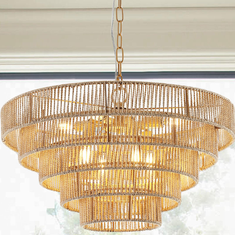 Rattan Pendant Light Boho Large Pendant Light,Wicker Coastal Chandelier for Kitchen Island,Living Room,Dining Room Light Fixtures Over Table E12 Base,Chain Adjustable 