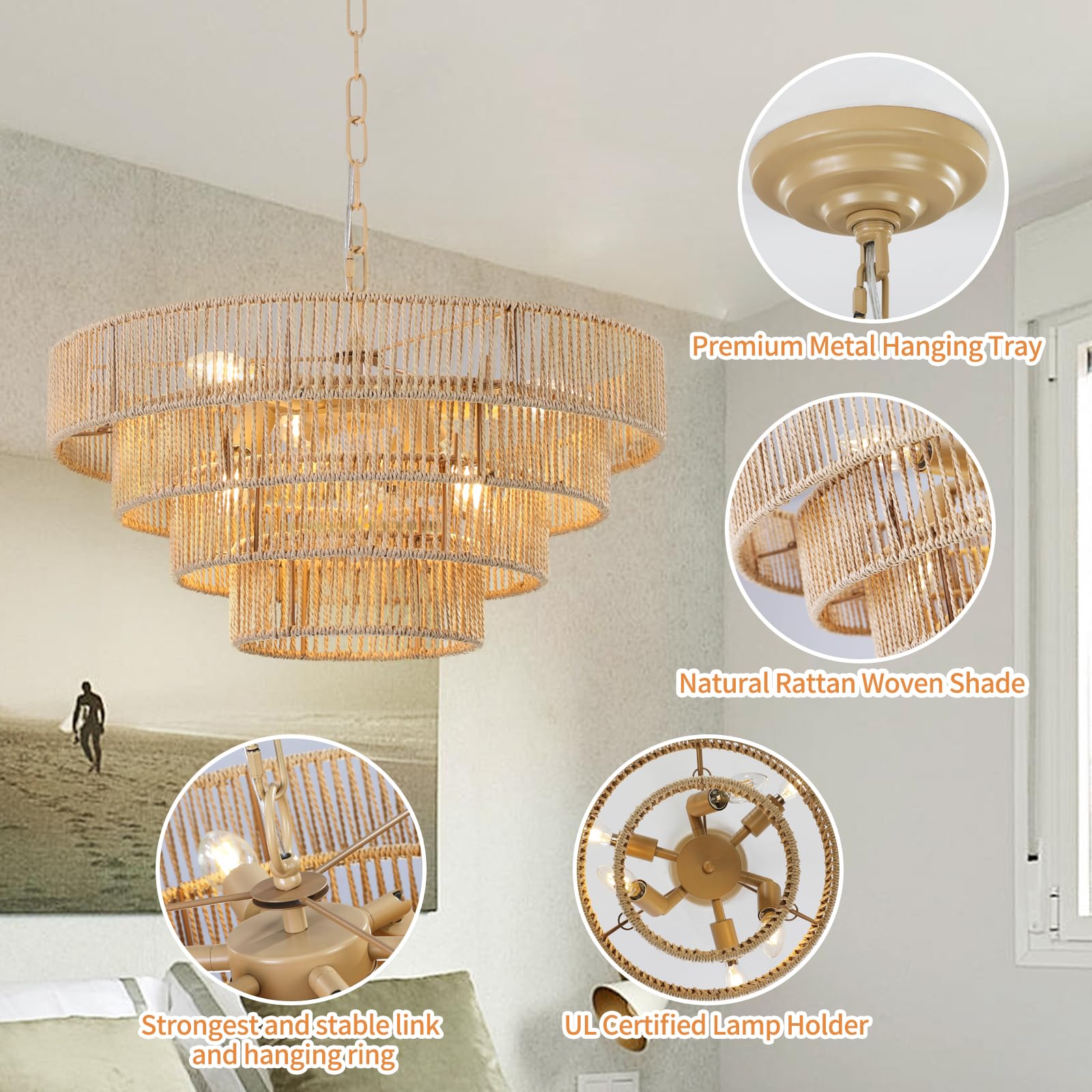 Rattan Pendant Light Boho Large Pendant Light,Wicker Coastal Chandelier for Kitchen Island,Living Room,Dining Room Light Fixtures Over Table E12 Base,Chain Adjustable 