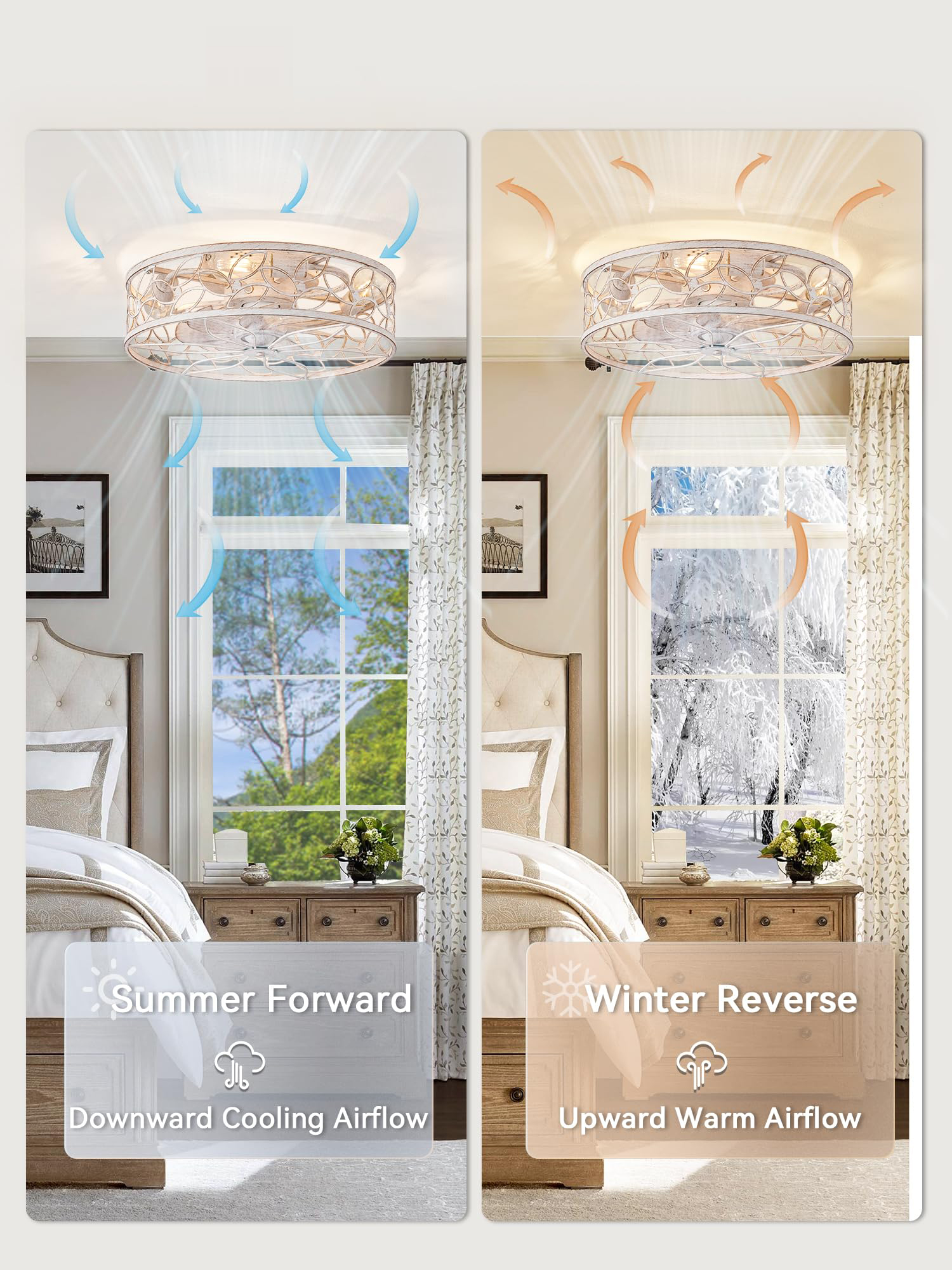 Caged Ceiling Fans with Lights, Farmhouse Flush Mount Ceiling Fan with Remote, Low Profile Ceiling Fan Light Fixture for Bedroom, Kitchen, Dining Room