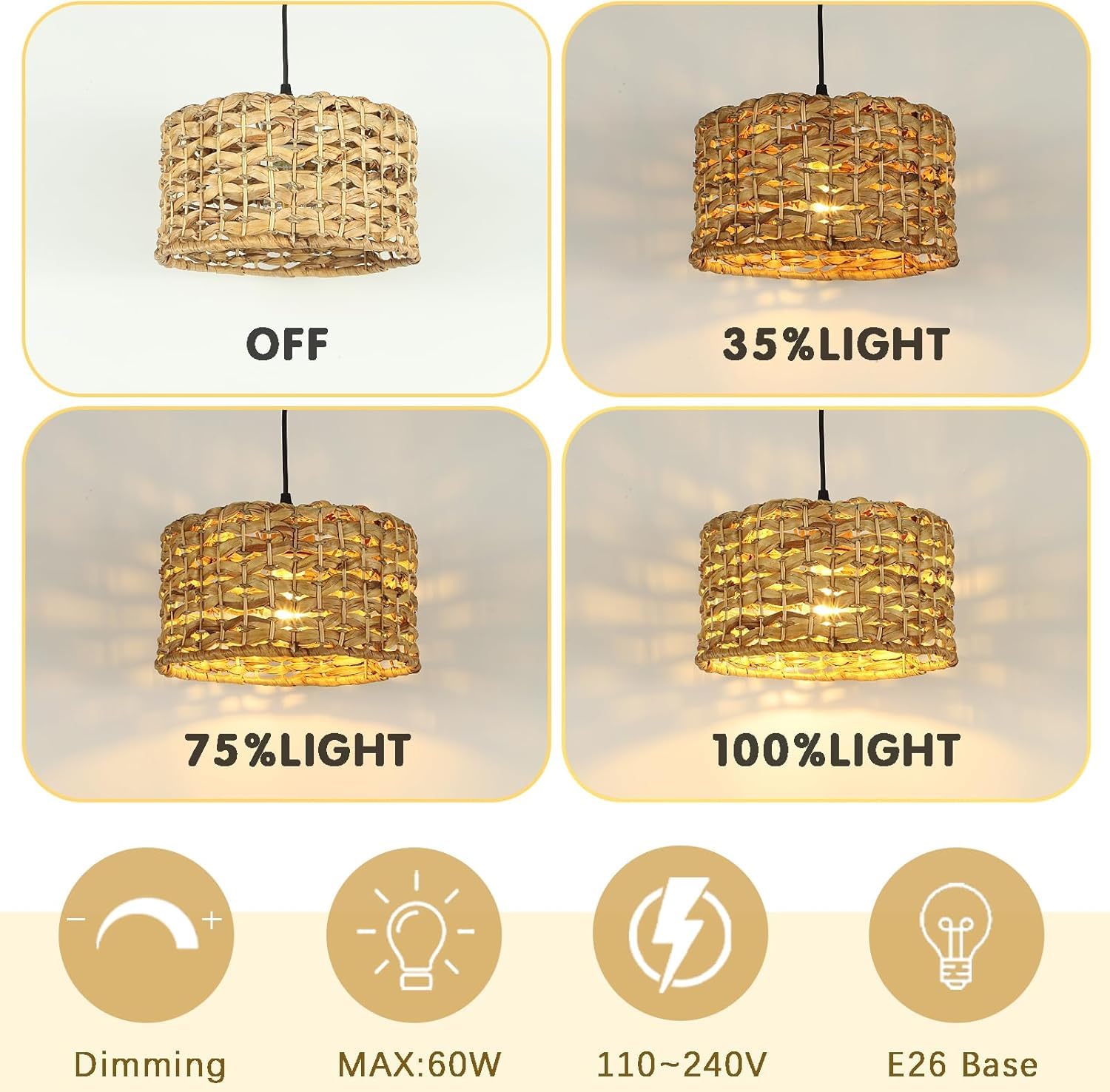 Rattan Pendant Light for Kitchen Island, 12.2in Boho Hand Woven Kitchen Light Fixtures Wicker Dining Room Lighting Coastal Chandelier for Farmhouse Bedroom Living Room Restaurants Bedside