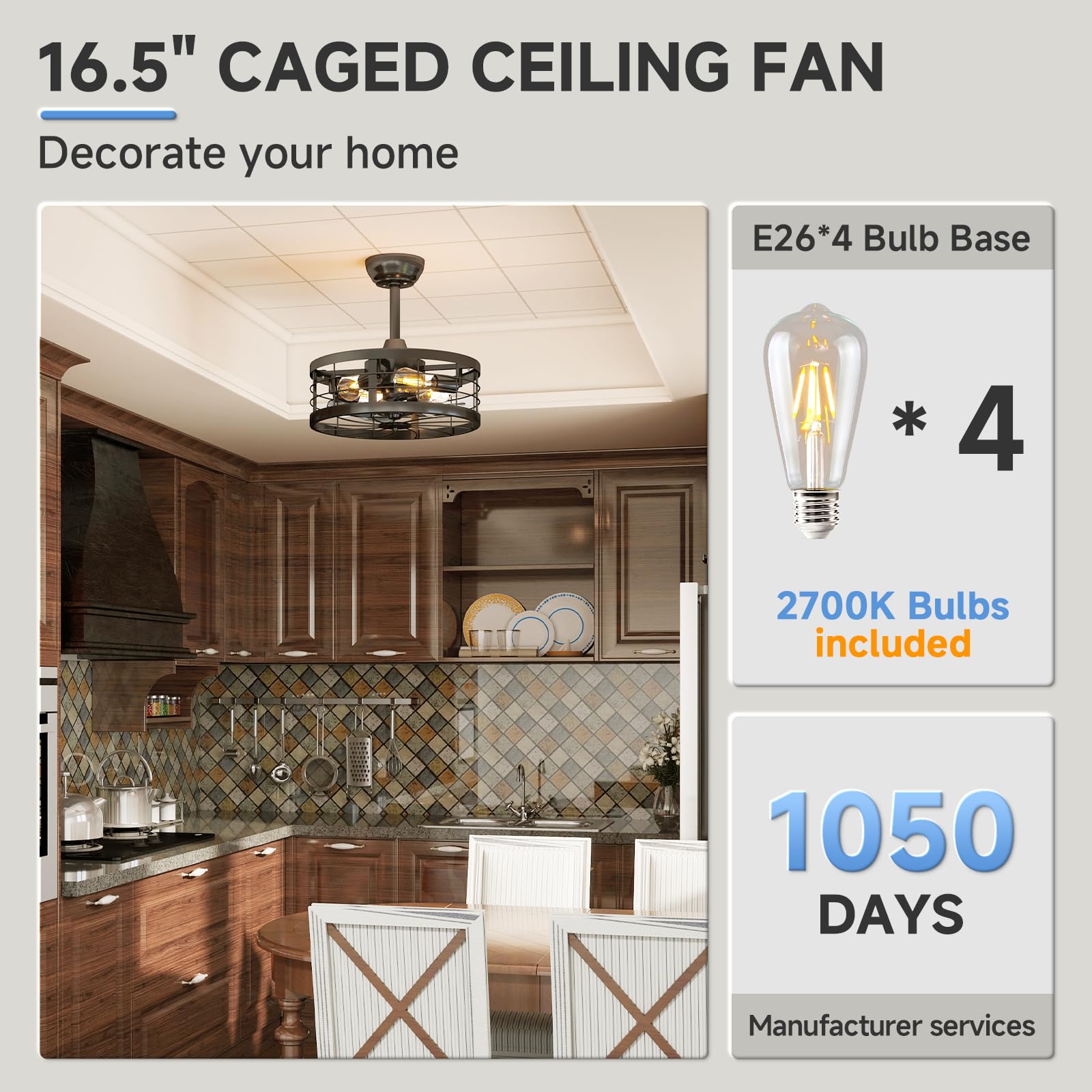 Caged Ceiling Fan with Light,16.5in Black Fandelier Ceiling Fan with Light and Remote,Farmhouse Bladeless Ceiling Fan Lights Fixtures for Kitchen,Bedroom