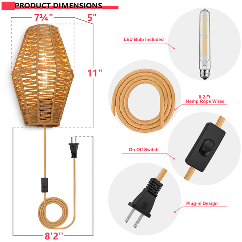 Plug-in Wall Sconce Handwoven Bohemian Wall Decor with Switch and Bulb, Wall Lights Fixtures for Bedroom Living Room Hallway Porch 