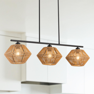 3-Light Rattan Chandeliers for Dining Room, Boho Light Fixture with Hand-Worked Woven Cage Lampshade, Farmhouse Kitchen Island Lighting Fixtures for Dining Room, Living Room 
