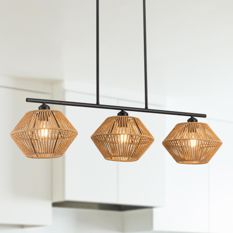 3-Light Rattan Chandeliers for Dining Room, Boho Light Fixture with Hand-Worked Woven Cage Lampshade, Farmhouse Kitchen Island Lighting Fixtures for Dining Room, Living Room 