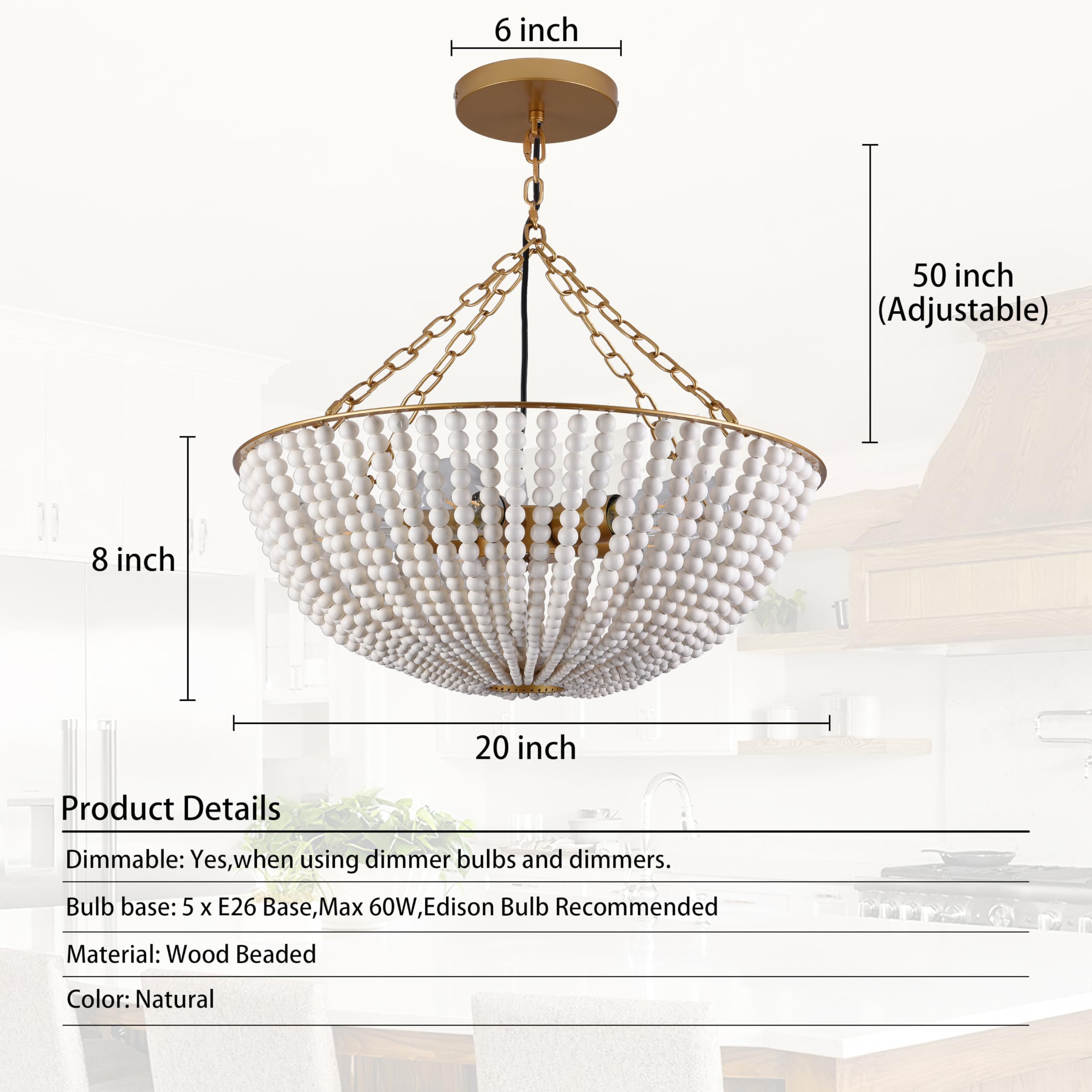 Bohemia Wood Beaded Chandelier Boho Chandelier Bristol Wood Bead Chandelier Beaded Light Fixture for Dining Living Room,Bedroom, Hallway, Entryway 5-Light 