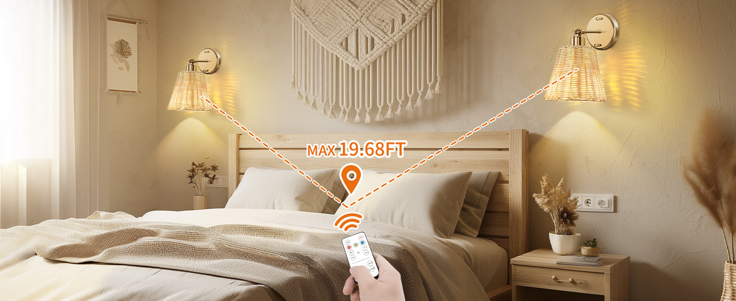 Rattan Rechargeable Battery Operated Wall Sconces Set (6)